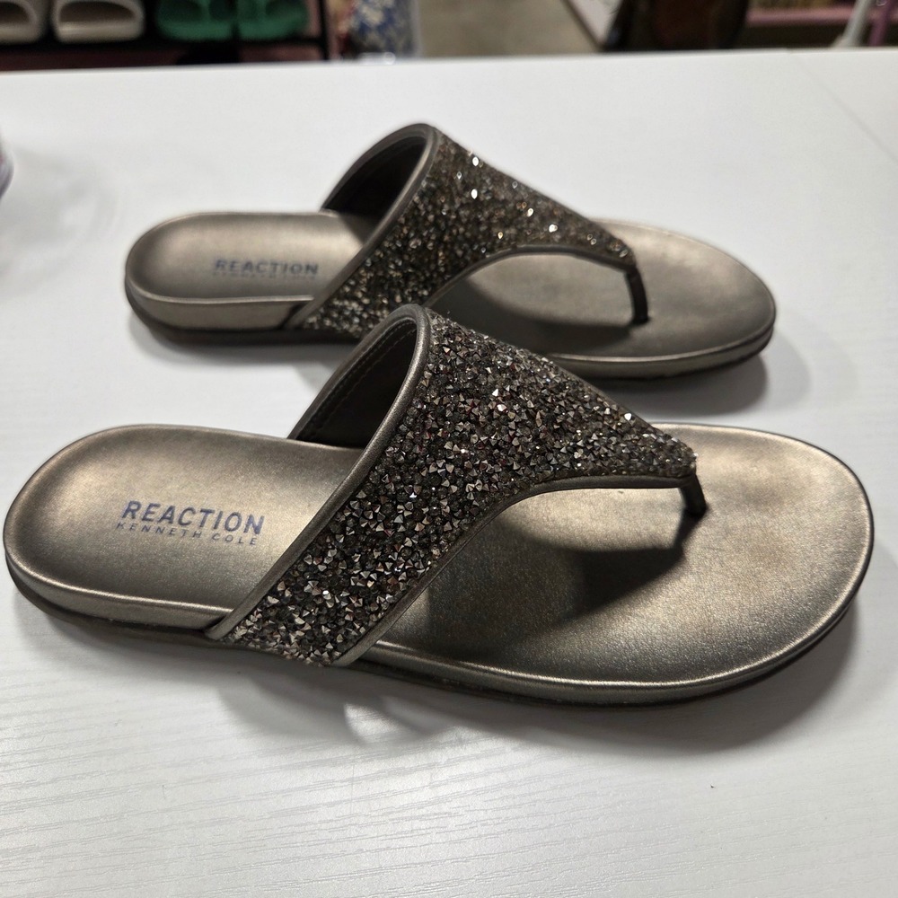 Kenneth Cole Reaction Women 7.5 Slim Slider Pewter Rhinestone Thong Sandals Gray - Picture 2 of 6